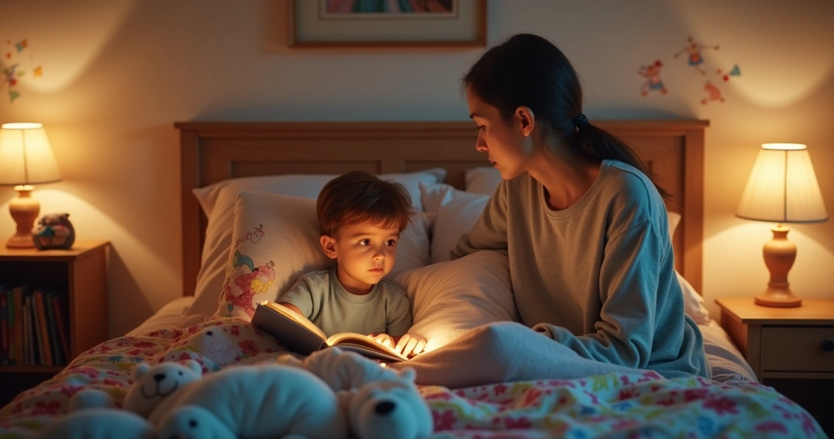 Adulto lendo história infantil para criança antes de dormir, quarto aconchegante com luz suave e brinquedos ao redor
