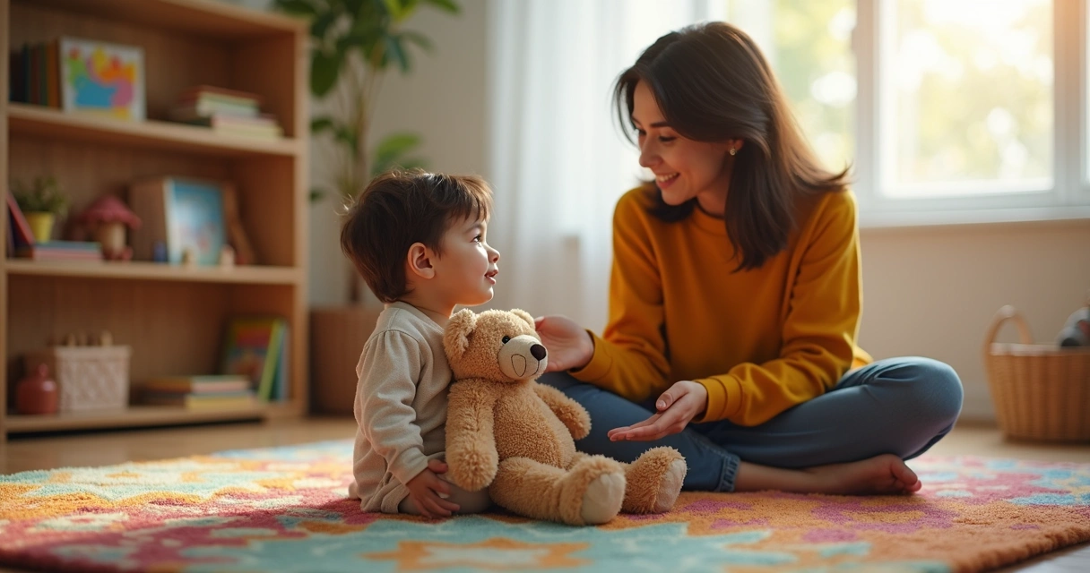 Criança sentada com expressão pensativa segurando um ursinho, mãe ao lado apoiando com sorriso acolhedor em ambiente aconchegante e colorido
