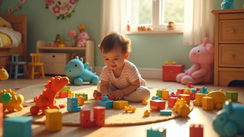 Criança guardando brinquedos de forma lúdica com cenário colorido e brinquedos espalhados no quarto