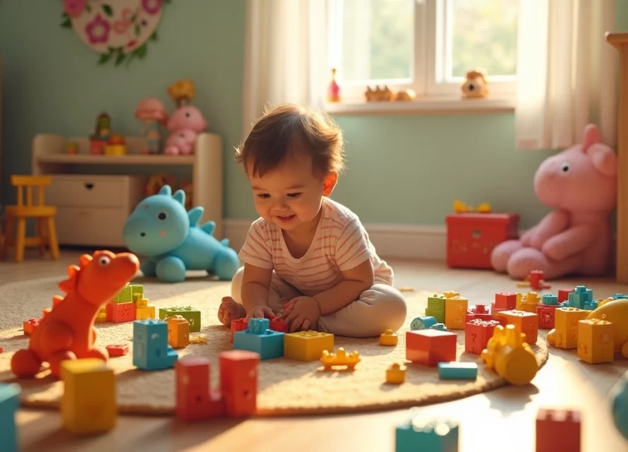 Criança guardando brinquedos de forma lúdica com cenário colorido e brinquedos espalhados no quarto