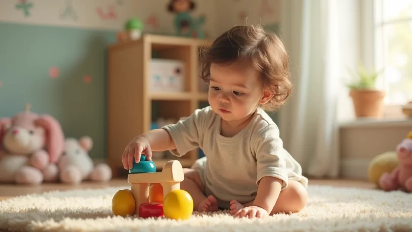 Criança pequena estendendo a mão gentilmente para brincar com brinquedo colorido em ambiente acolhedor