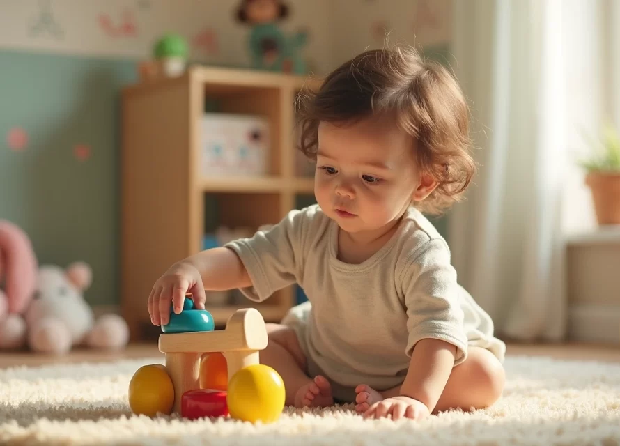 Criança pequena estendendo a mão gentilmente para brincar com brinquedo colorido em ambiente acolhedor