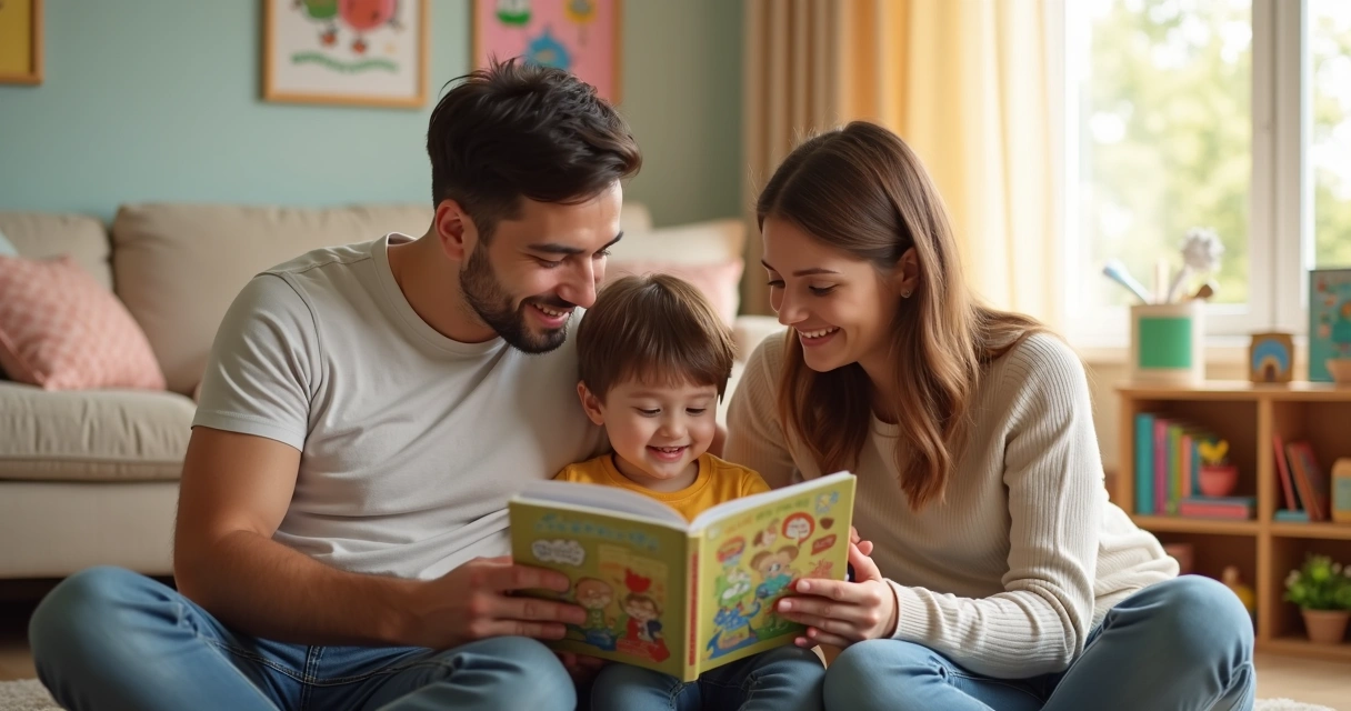Criança pequena lendo livro com pais em ambiente acolhedor e colorido