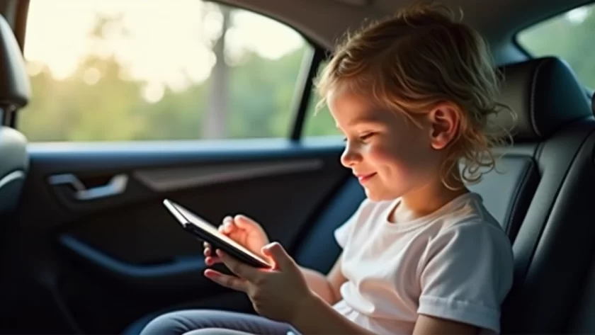 Criança sentada no banco de trás do carro usando tablet para ouvir histórias durante viagem