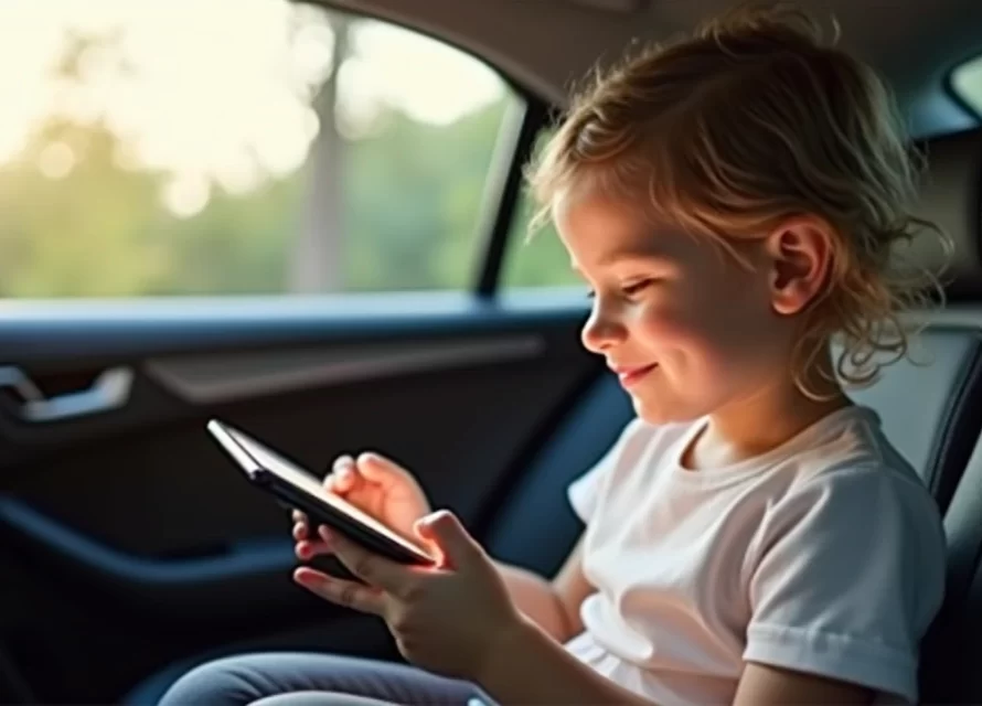 Criança sentada no banco de trás do carro usando tablet para ouvir histórias durante viagem