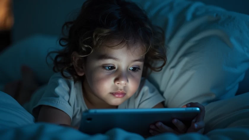 Criança sentada na cama escolhendo uma história infantil em tablet à noite