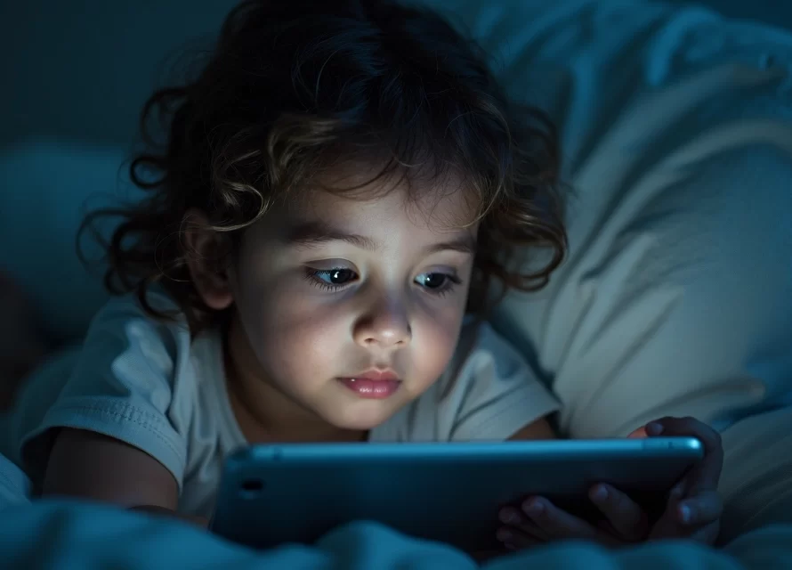 Criança sentada na cama escolhendo uma história infantil em tablet à noite