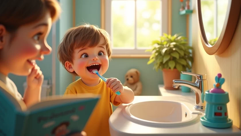 Criança escovando os dentes com um adulto lendo uma historinha divertida dentro do banheiro colorido