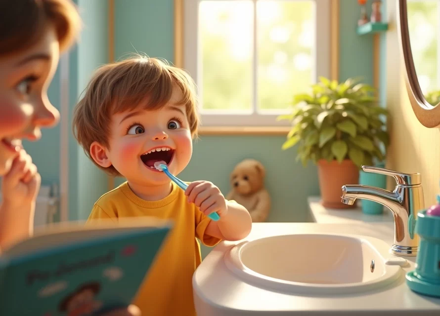 Criança escovando os dentes com um adulto lendo uma historinha divertida dentro do banheiro colorido