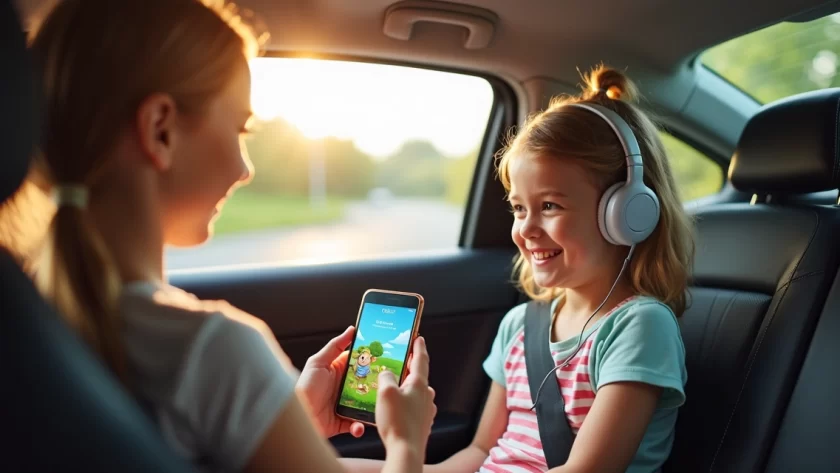 Criança ouvindo historinha em aplicativo no celular durante viagem de carro