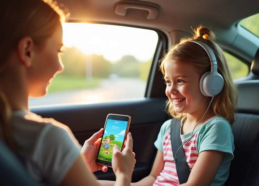 Criança ouvindo historinha em aplicativo no celular durante viagem de carro