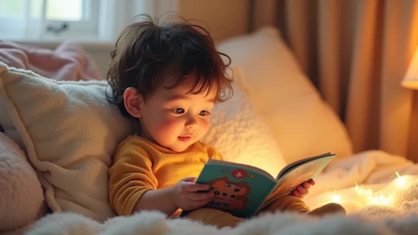 Criança sentada lendo livro ilustrado com personagem infantil imperfeito, ambiente acolhedor e iluminado, cores suaves e detalhadas