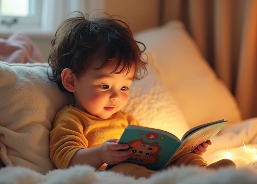 Criança sentada lendo livro ilustrado com personagem infantil imperfeito, ambiente acolhedor e iluminado, cores suaves e detalhadas