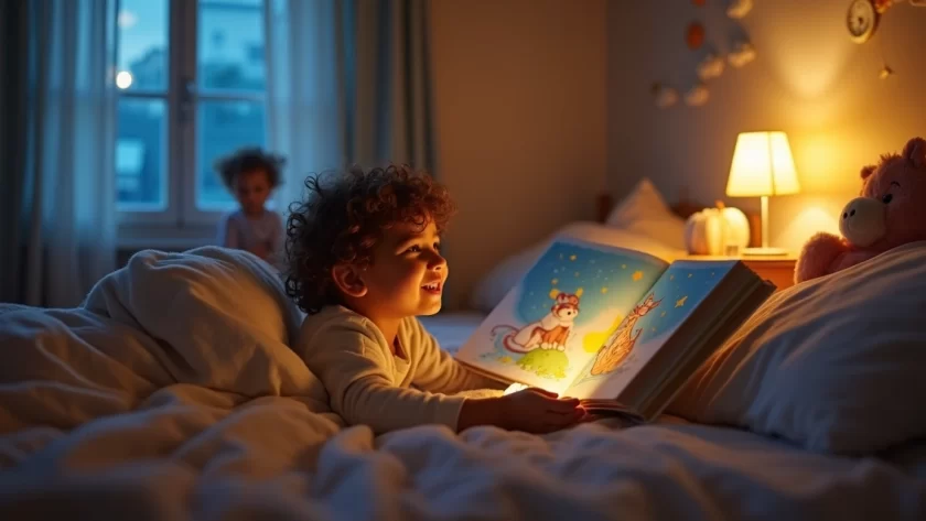 Criança pequena ouvindo história para dormir ao lado da mãe na cama à noite
