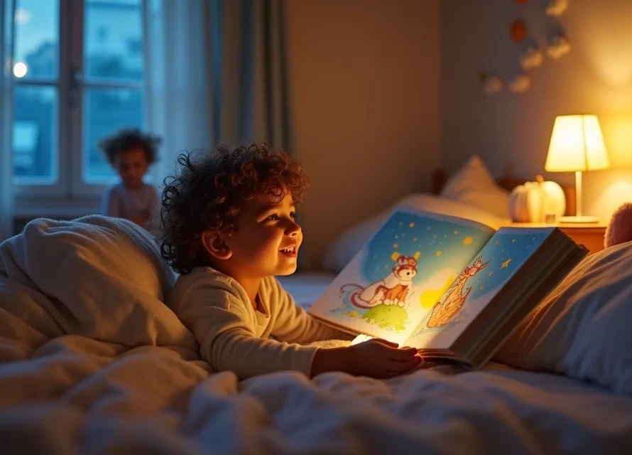 Criança pequena ouvindo história para dormir ao lado da mãe na cama à noite