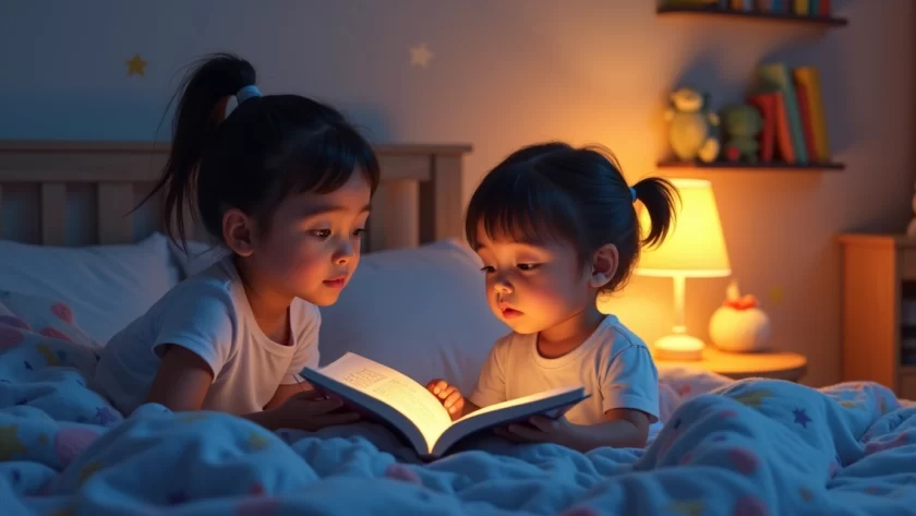 Criança pequena ouvindo história na cama ao lado de um dos pais à noite