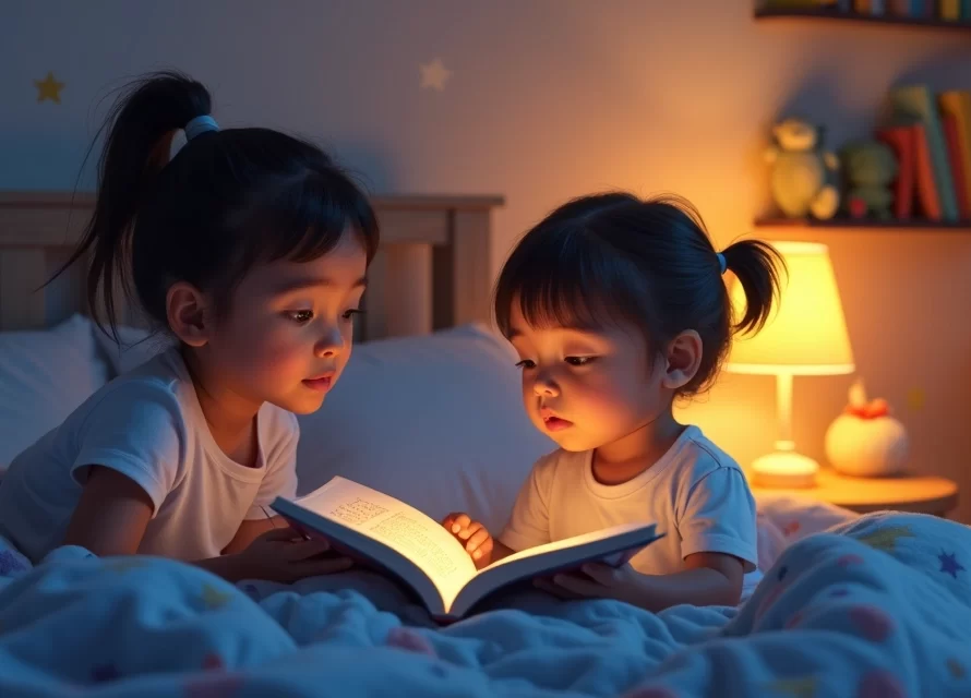 Criança pequena ouvindo história na cama ao lado de um dos pais à noite