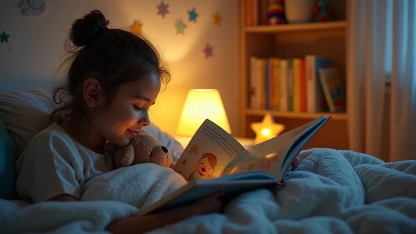 Mãe lendo historinha infantil para criança na cama antes de dormir
