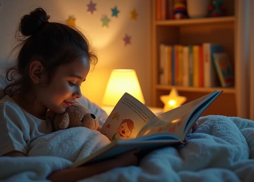Mãe lendo historinha infantil para criança na cama antes de dormir