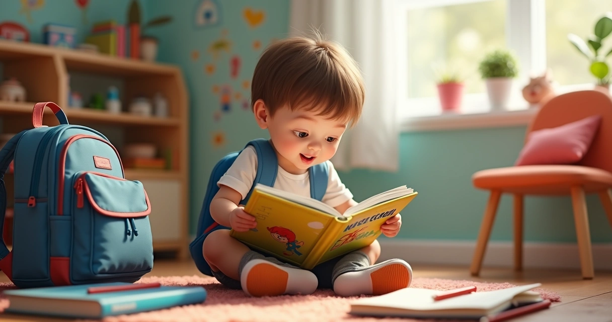 Criança sentada lendo um livro de histórias sobre escola em ambiente acolhedor, com mochila e material escolar ao lado