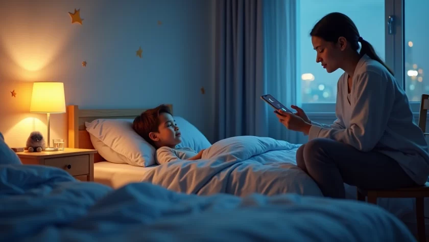 Criança pequena na cama ouvindo historinha para dormir em quarto aconchegante à noite