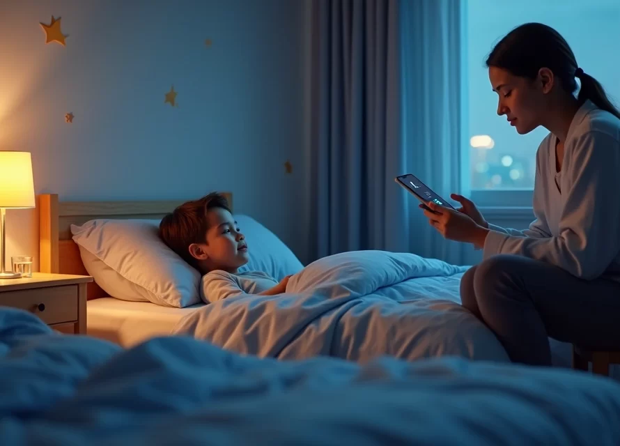 Criança pequena na cama ouvindo historinha para dormir em quarto aconchegante à noite