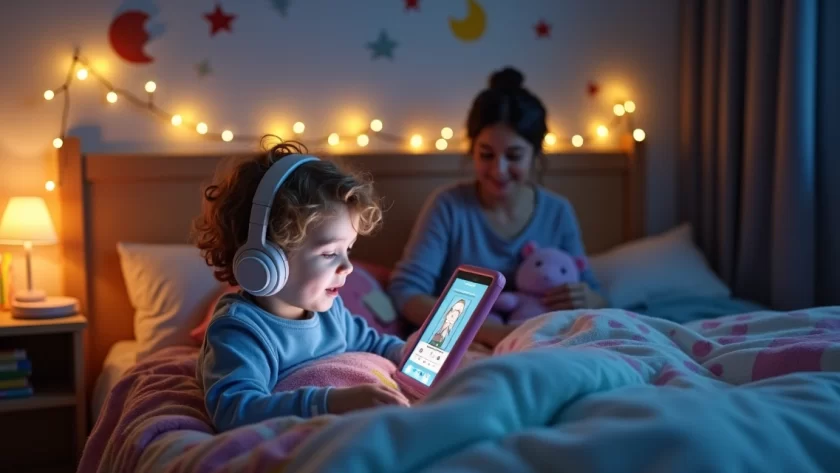 Criança pequena deitada na cama ouvindo historinha infantil em áudio com fones de ouvido