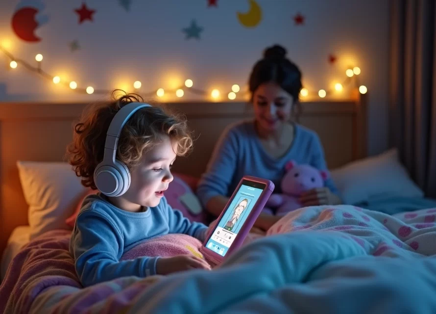 Criança pequena deitada na cama ouvindo historinha infantil em áudio com fones de ouvido