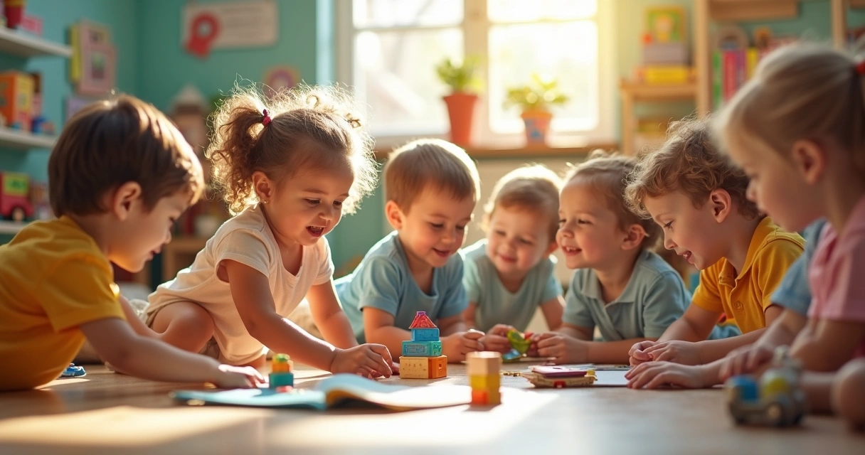 Crianças de diferentes idades brincando juntas em um ambiente colorido de aprendizado, com brinquedos educativos e interação social