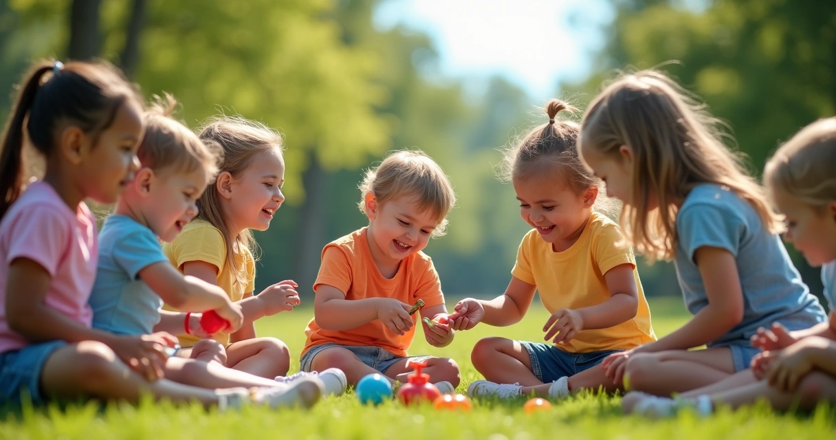 Crianças de diferentes idades brincando juntas compartilhando brinquedos em um parque ensolarado