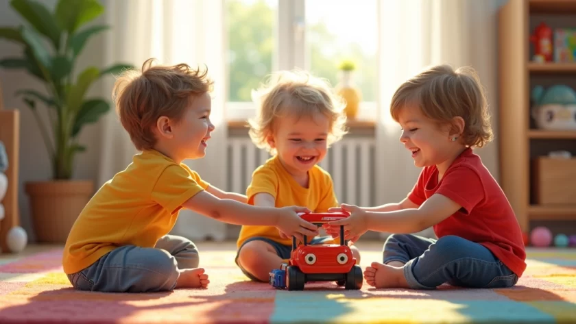 Crianças pequenas compartilhando brinquedos numa sala iluminada, brincando juntas com sorrisos e expressão de cooperação