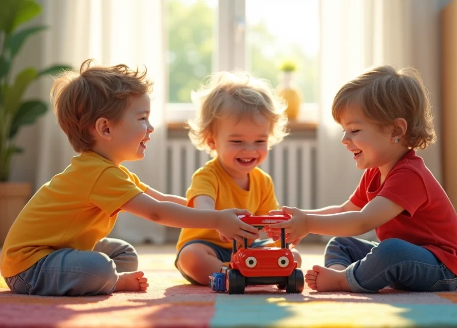Crianças pequenas compartilhando brinquedos numa sala iluminada, brincando juntas com sorrisos e expressão de cooperação