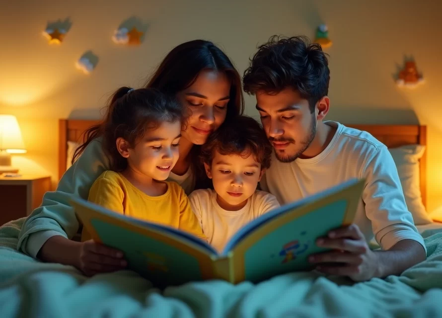 Pais lendo história para dois irmãos na cama antes de dormir