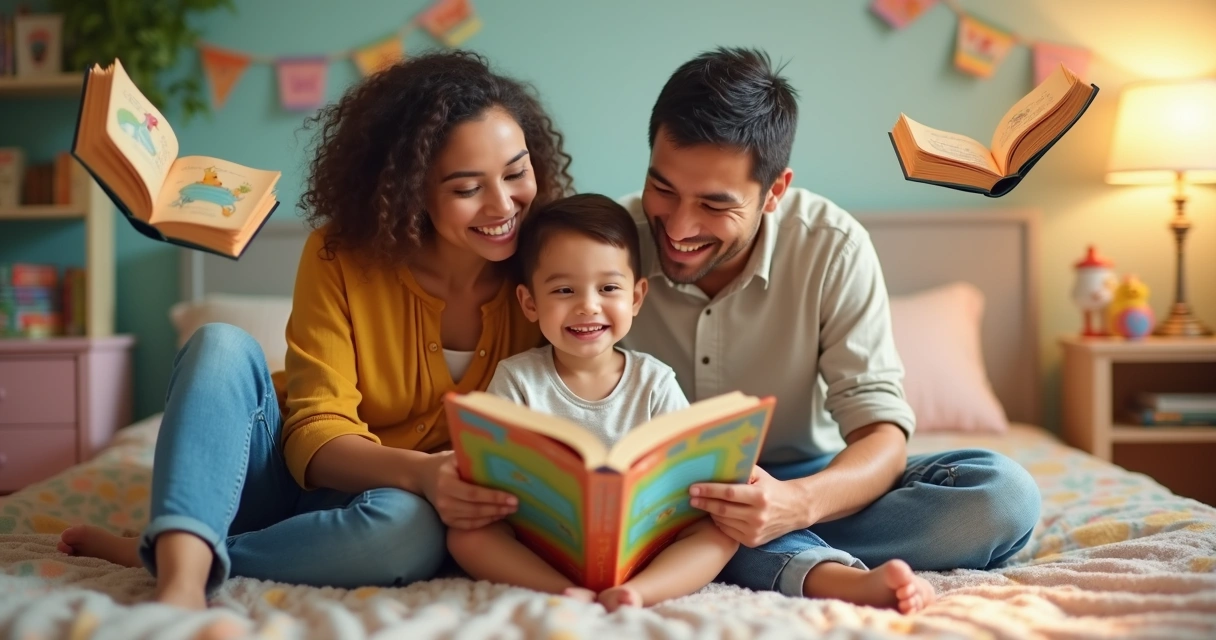 Criança sorrindo lendo livro novo com mãe e pai ao lado, várias histórias infantis abertas ao redor, quarto iluminado e colorido