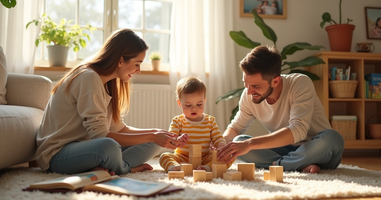 Família brincando com criança pequena em ambiente acolhedor e colorido, destacando interação afetiva e estímulos para desenvolvimento infantil