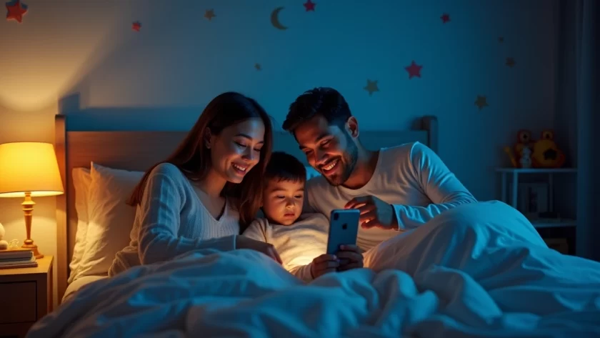 Pai e mãe com criança ouvindo histórias narradas pelo celular na hora de dormir