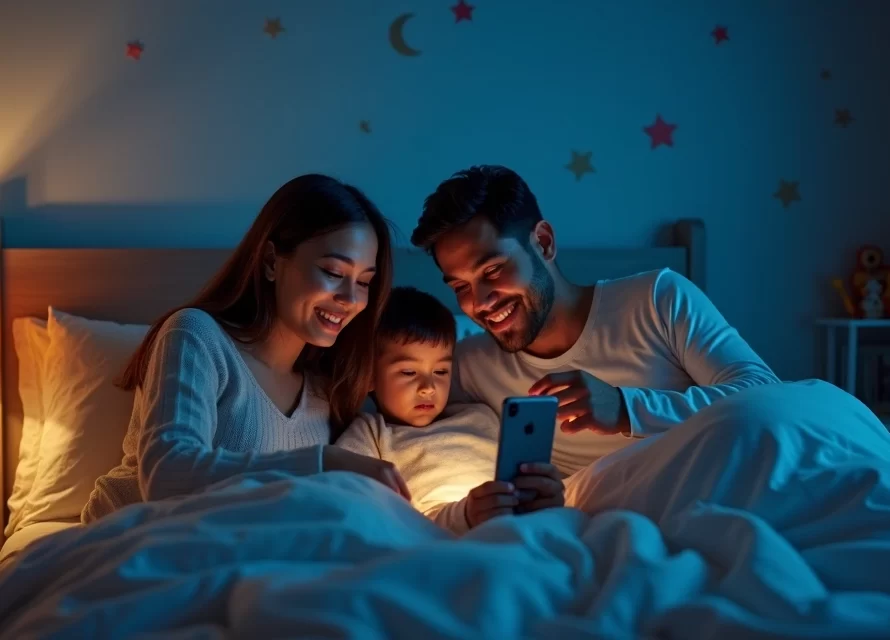 Pai e mãe com criança ouvindo histórias narradas pelo celular na hora de dormir