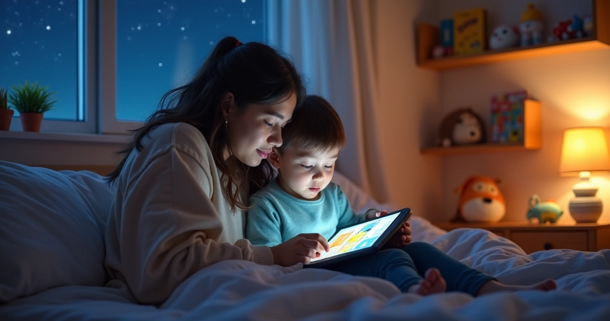 Família lendo histórias para criança na cama à noite, ambiente acolhedor com iluminação suave