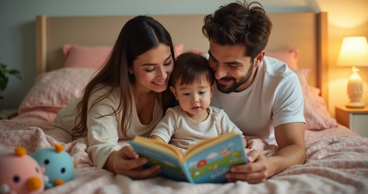 Criança sentada no colo dos pais enquanto eles leem uma historinha infantil antes de dormir, ambiente aconchegante com luz suave