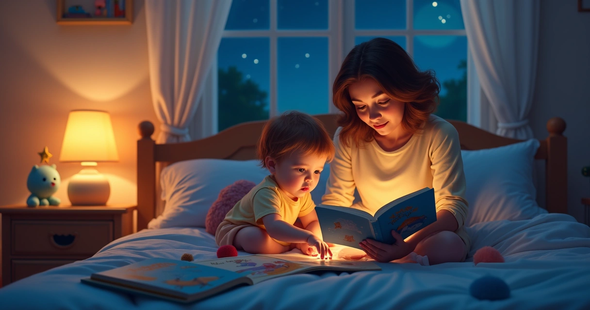 Família com criança pequena escutando história antes de dormir no quarto aconchegante
