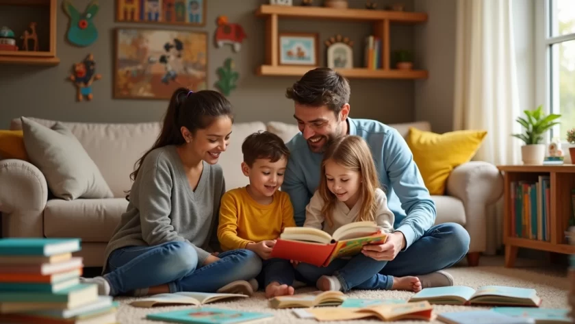 Família reunida lendo diversos livros infantis em um ambiente aconchegante e colorido