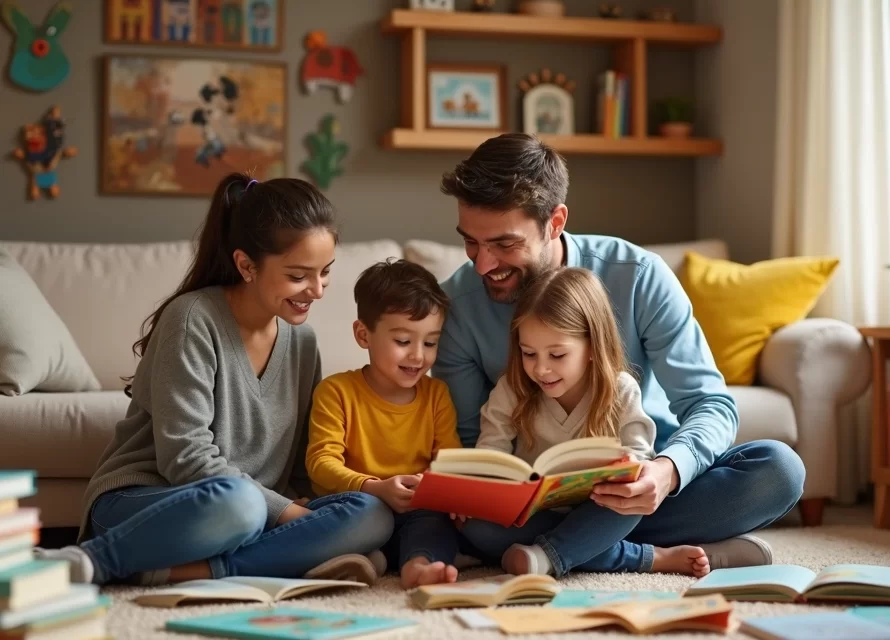 Família reunida lendo diversos livros infantis em um ambiente aconchegante e colorido