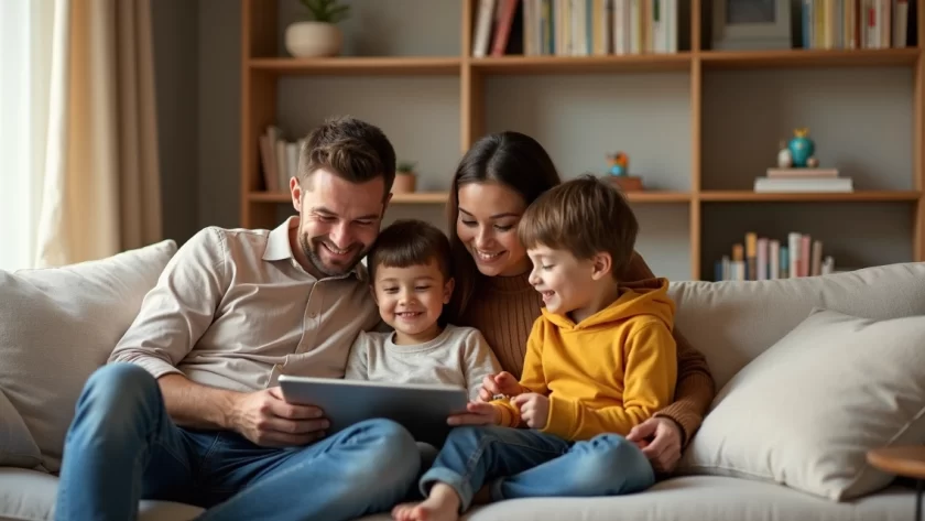 Família reunida no sofá usando um tablet com webapp de leitura infantil, ao lado uma estante organizada com poucos livros físicos
