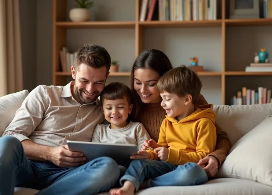 Família reunida no sofá usando um tablet com webapp de leitura infantil, ao lado uma estante organizada com poucos livros físicos