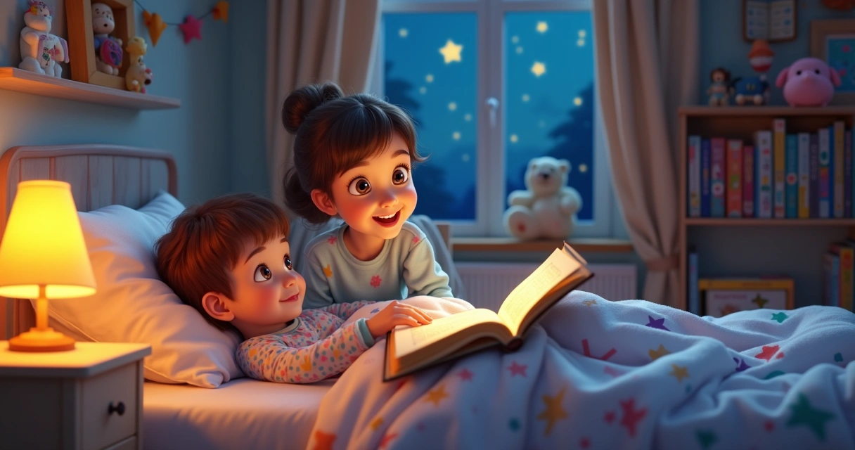 Criança deitada na cama ouvindo uma história para dormir contada por um adulto em ambiente acolhedor com iluminação suave e elementos lúdicos ao redor
