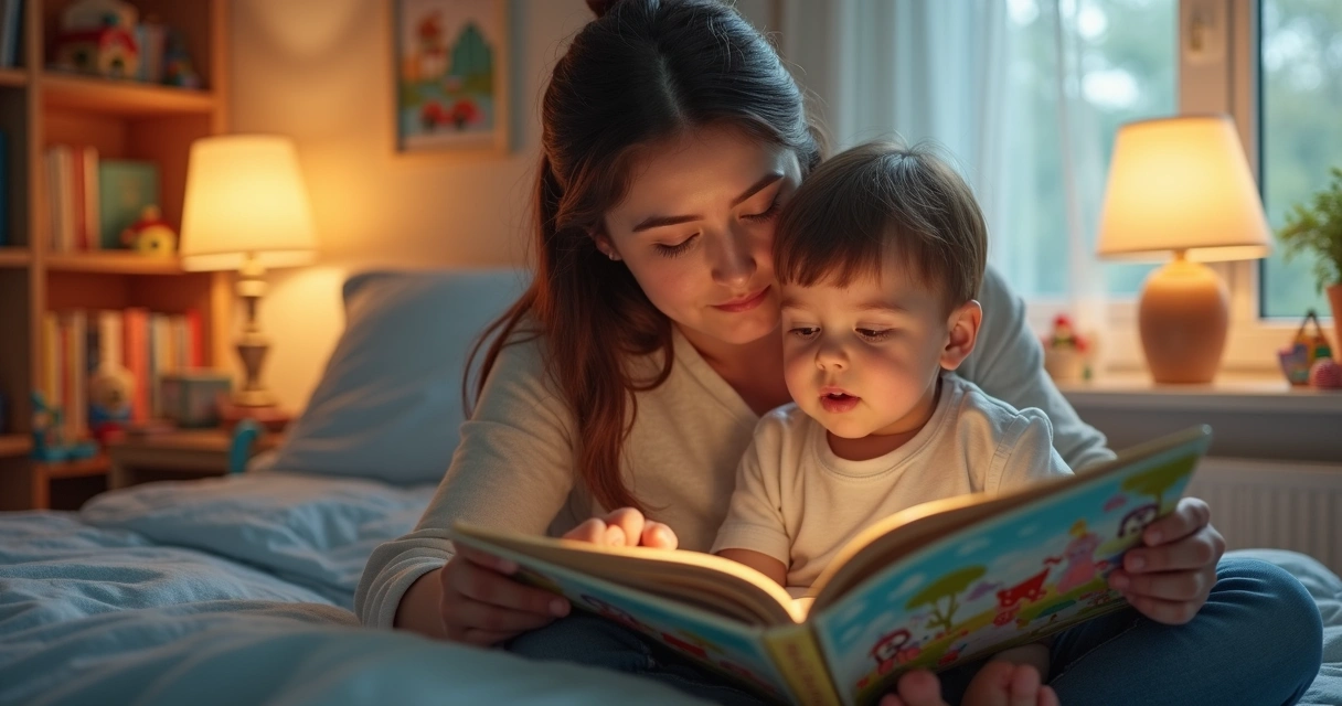 Adulto lendo livro para criança antes de dormir em ambiente aconchegante com luz suave