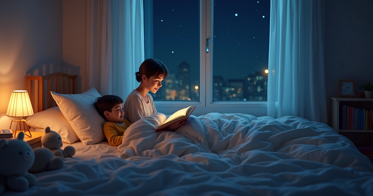 Pai lendo história para criança na cama com ambiente acolhedor e luz suave