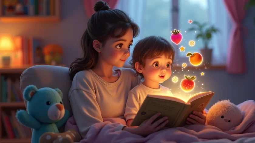 Pai lendo história para criança curiosa com ilustração de comidas mágicas ao fundo