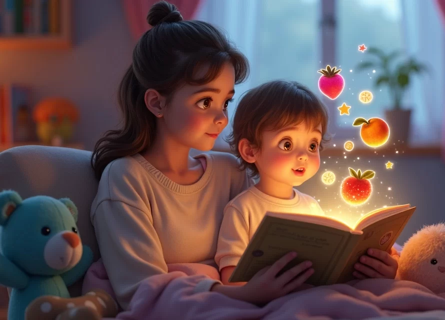 Pai lendo história para criança curiosa com ilustração de comidas mágicas ao fundo