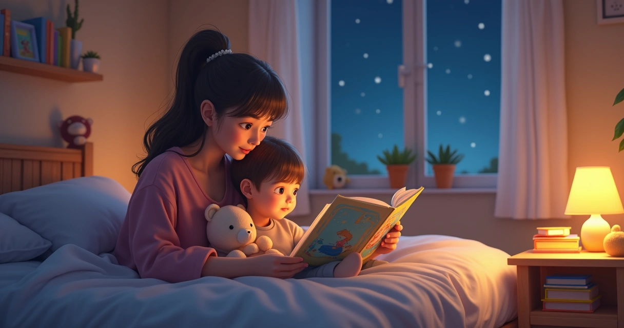 Mãe lendo história para filho em quarto aconchegante durante a noite